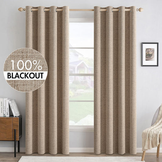 MIULEE 100% Blackout Linen Textured Curtains - Thermal Insulated Copper Brown Drapes | 52 x 72 Inch (2 Panels)