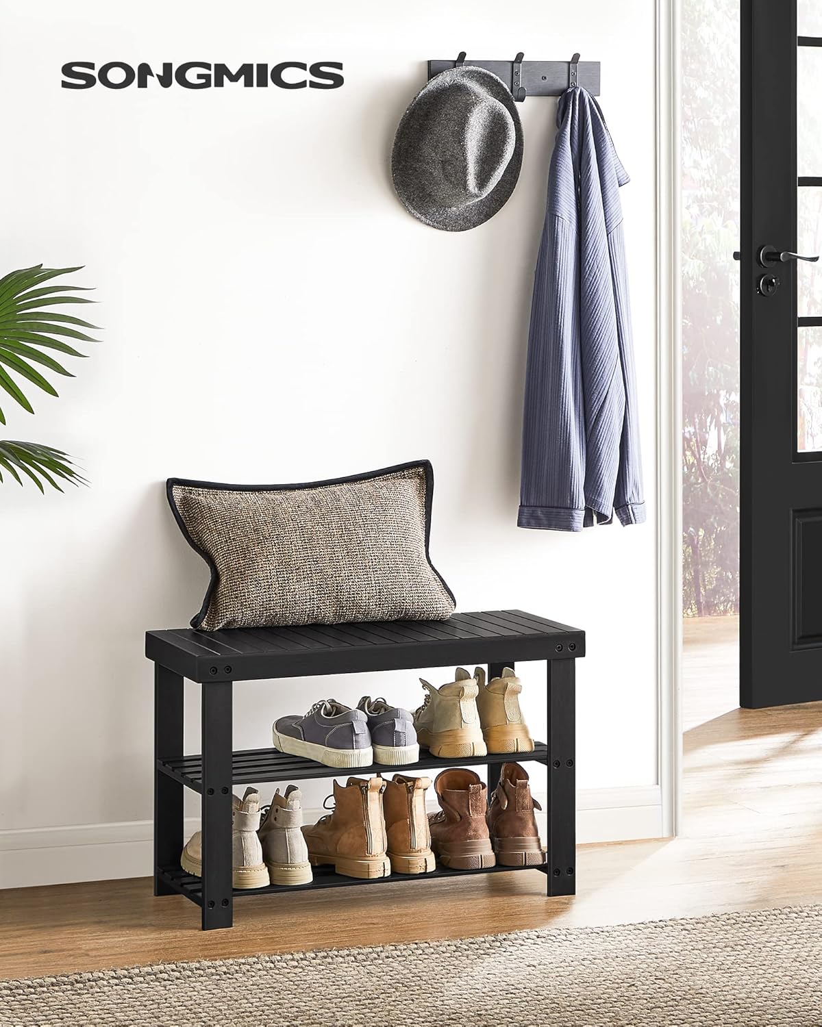 SONGMICS Shoe Rack Bench - 3-Tier Bamboo Storage Organizer | Holds 286 lb - Ink Black, 11.3 x 27.6 x 17.8 Inches