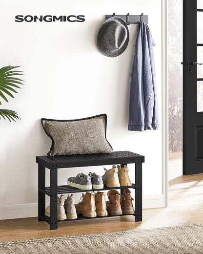 SONGMICS Shoe Rack Bench - 3-Tier Bamboo Storage Organizer | Holds 286 lb - Ink Black, 11.3 x 27.6 x 17.8 Inches