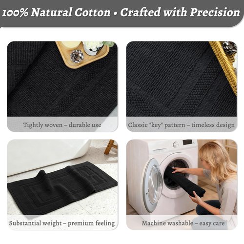 Mrs Awesome Soft 100% Cotton Bath Mat with Hot-melt Non-Slip Backing, 20" x 32" Comfortable & Absorbent Washable Textured Woven Rug for Bathroom, Black