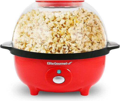 Elite Gourmet Automatic Stirring Popcorn Maker - 12-Cup Nonstick Ceramic Design, Red | Perfect for Home Parties