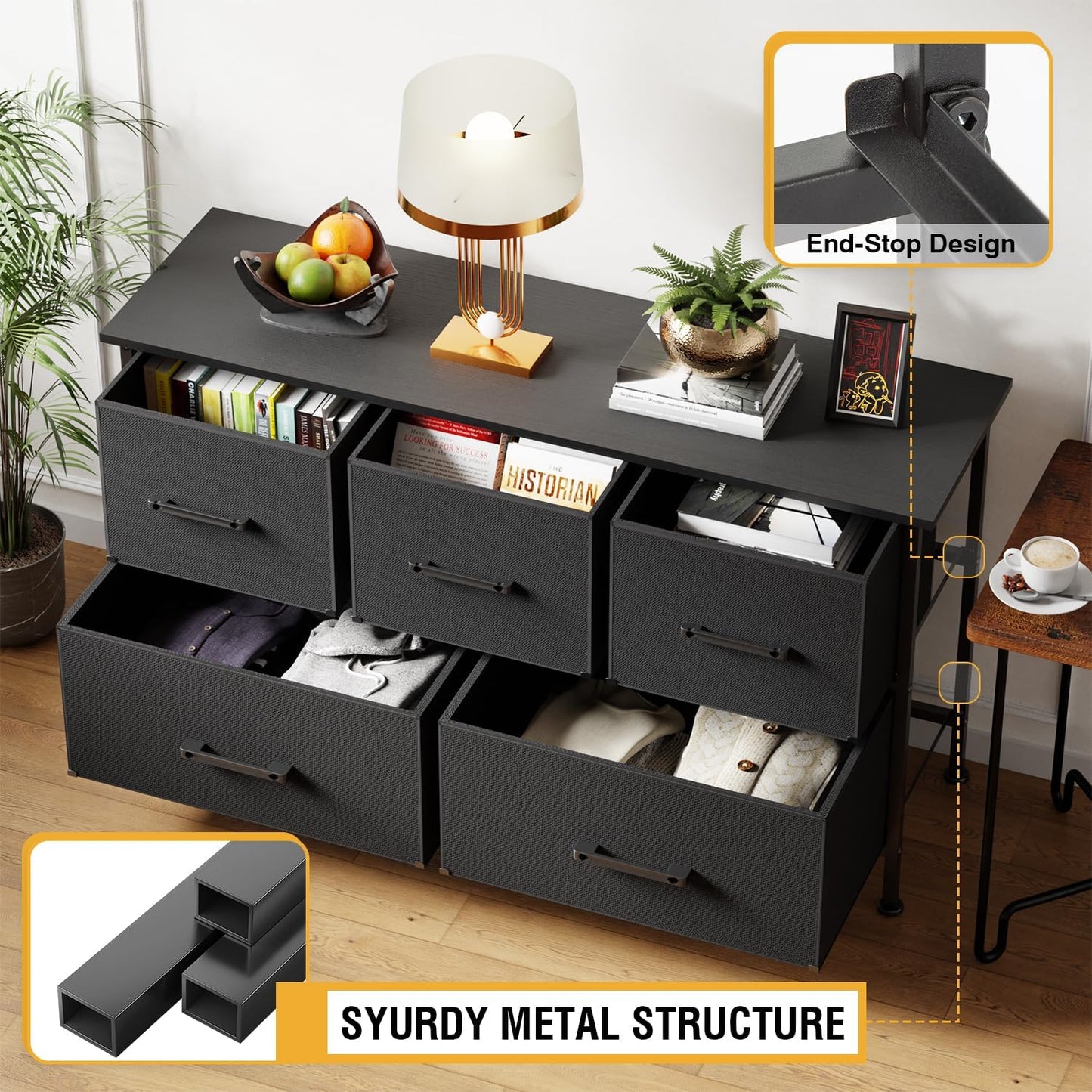 PayLessHere Fabric Dresser - 5-Drawer Wide Chest of Drawers with Metal Frame & Wood Top | Black Storage Unit for Bedroom & Living Room