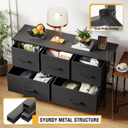 PayLessHere Fabric Dresser - 5-Drawer Wide Chest of Drawers with Metal Frame & Wood Top | Black Storage Unit for Bedroom & Living Room