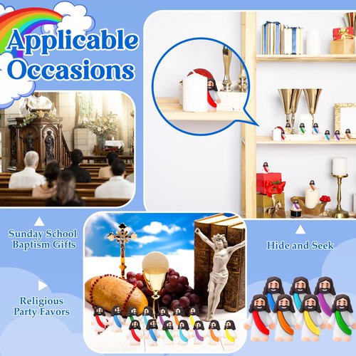 Bememo 25 Pcs Little Jesus Figures Original Design Mini Rubber Jesus Figurine to Hide and Seek Religious Party Favors Sunday Baptism Gifts(Rainbow Colors)