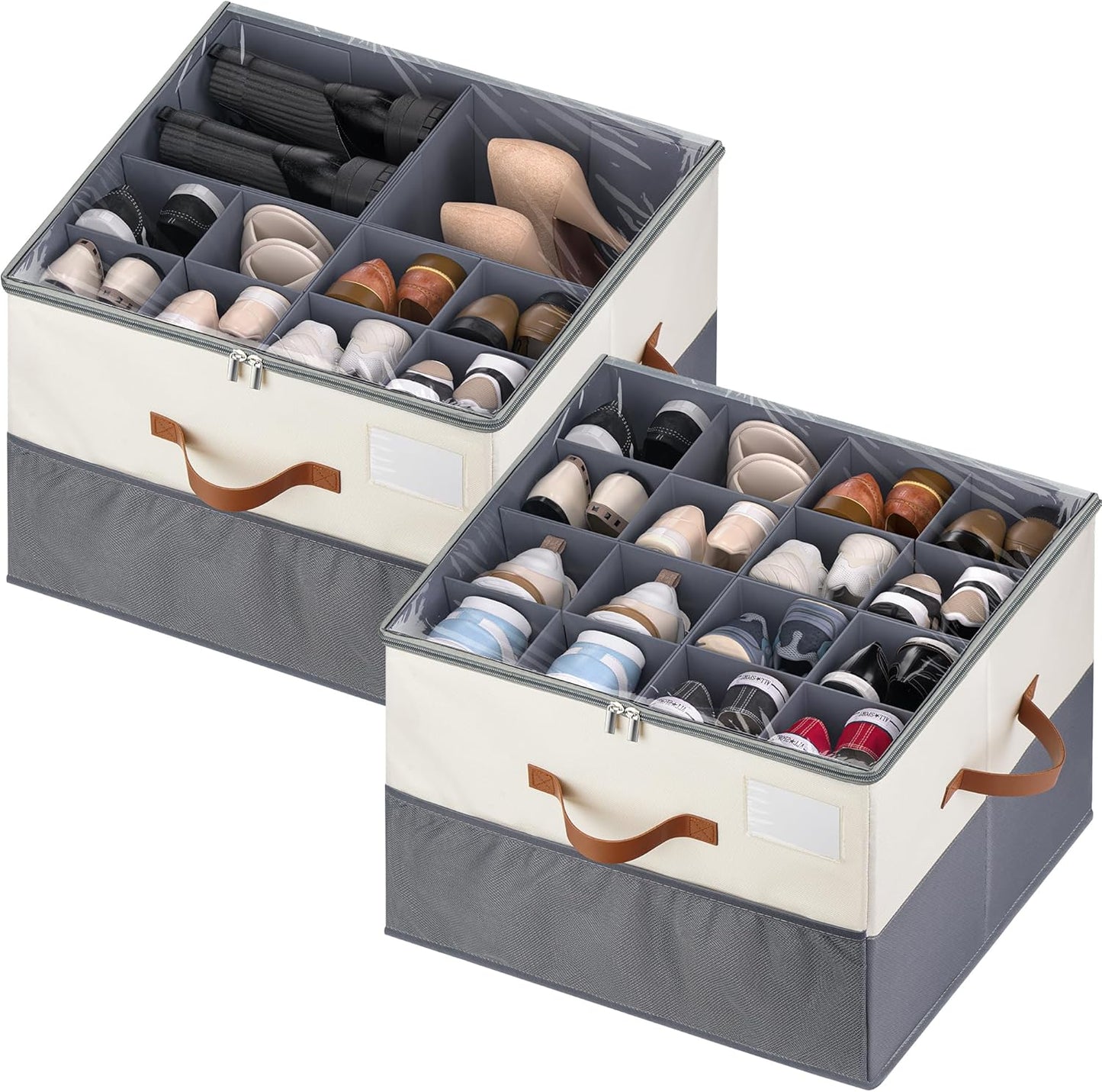Skiennix Shoe Organizer - 2 Pack Adjustable Storage Containers with Clear Lids | Fits 16-32 Pairs, Beige & Grey