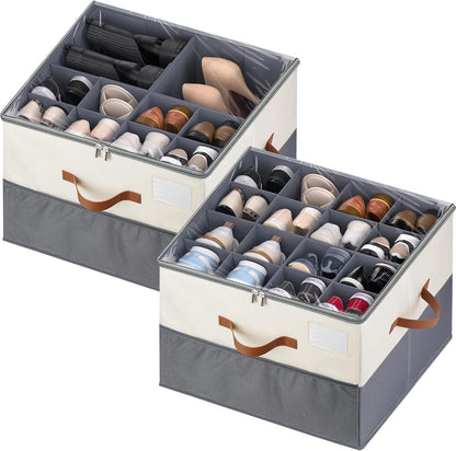 Skiennix Shoe Organizer - 2 Pack Adjustable Storage Containers with Clear Lids | Fits 16-32 Pairs, Beige & Grey