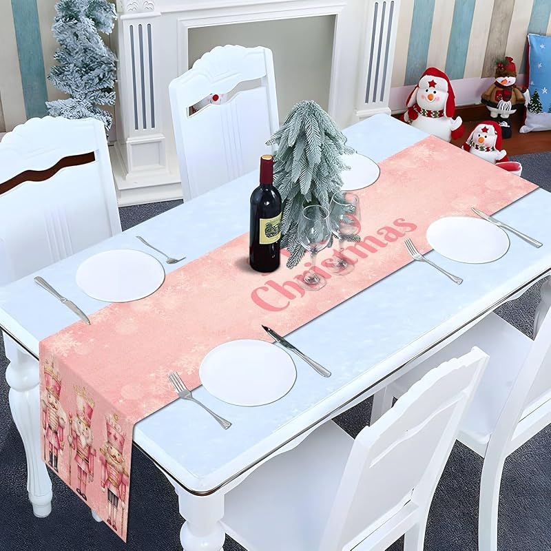 Pink Nutcrackers Table Runner 13x90in, Christmas Linen Decor