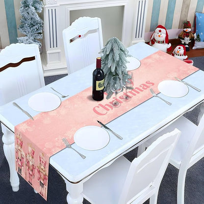 Pink Nutcrackers Table Runner 13x90in, Christmas Linen Decor