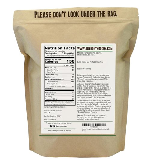 Anthony's Organic Yellow Popcorn Kernels - 3 lb Unpopped, Gluten-Free & Non-GMO Snack