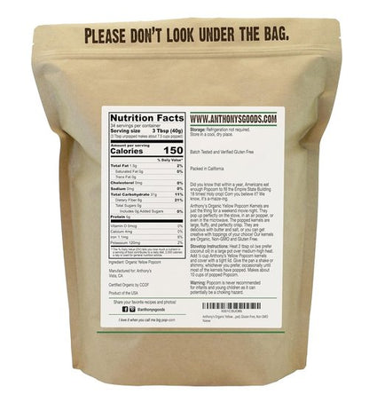 Anthony's Organic Yellow Popcorn Kernels - 3 lb Unpopped, Gluten-Free & Non-GMO Snack