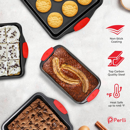 PERLLI Non-Stick 17-Piece Baking Pan Set - BPA-Free Carbon Steel Bakeware with Silicone Handles | Oven Safe Up to 446°F