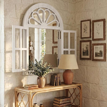 Arched Window Mirror with Petal Top - Farmhouse Wall Decor, 24" x 36" White