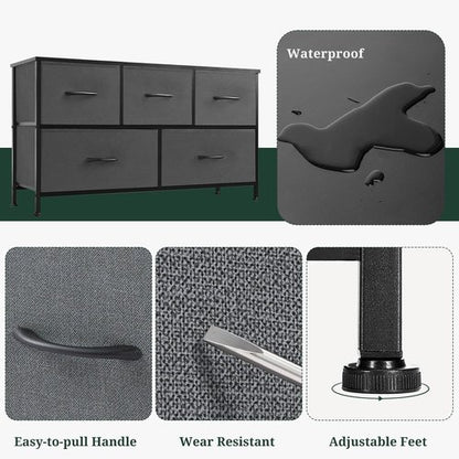 5-Drawer Dresser for Bedroom, Anti-Tip Wide Storage Organizer Fabric Chest of Drawers TV Stand for 45" TV with Wooden Top and Metal Frame for Closet, Living Room, Hallway, Entryway, Gray