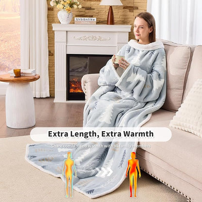 Wearable Blanket with Sleeves - Oversized Snuggle Robe with Christmas Tree Design - 53" x 69"