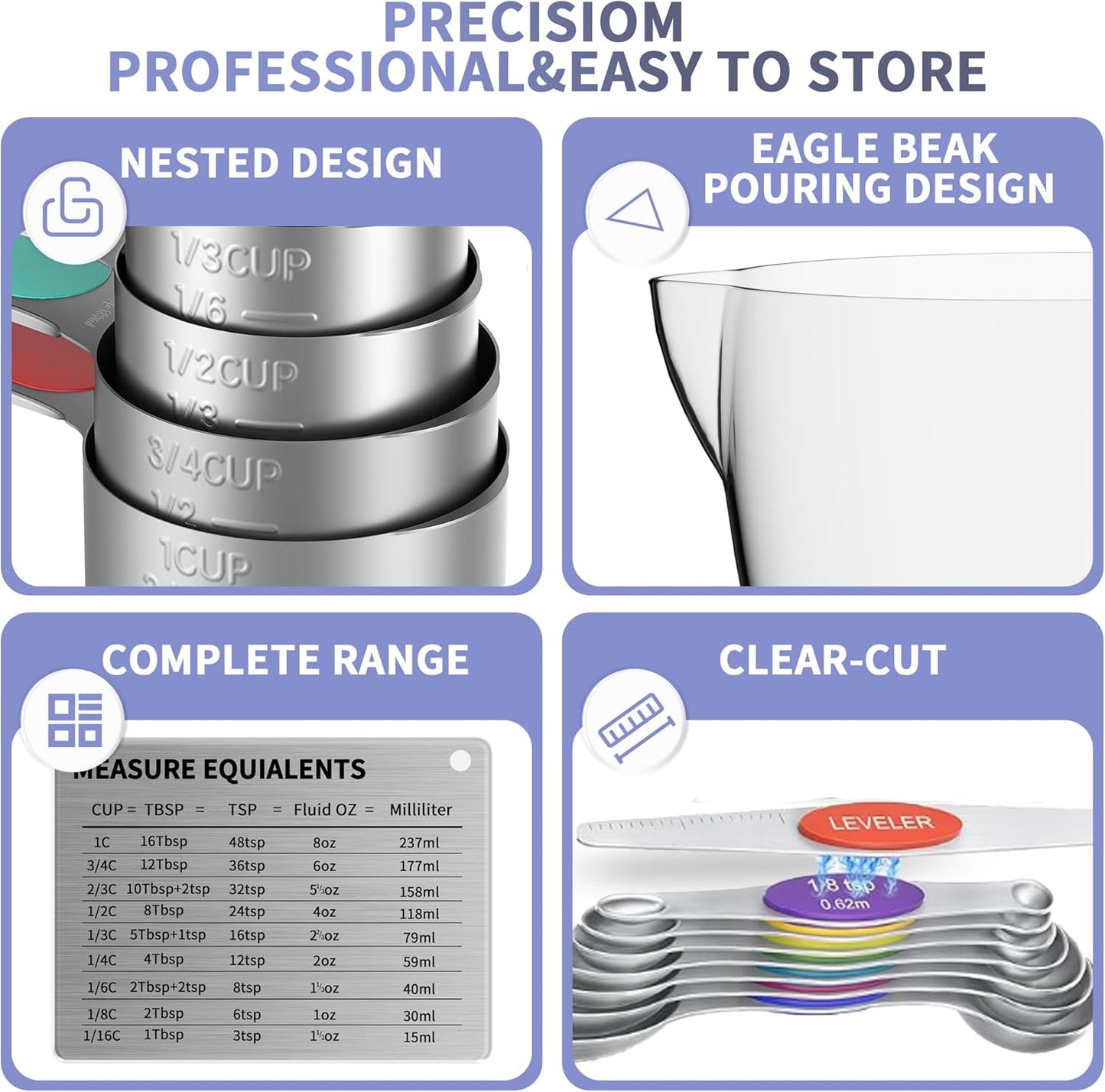 Skiennix Magnetic Measuring Cups & Spoons Set - 5 Stainless Steel Cups & 7 Magnetic Spoons