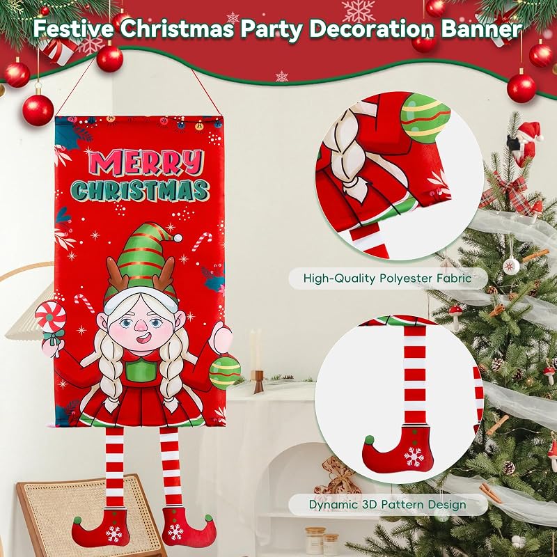 Elf Girl Christmas Banner - Merry Xmas Hanging Flag for Door Decor, Weatherproof Polyester