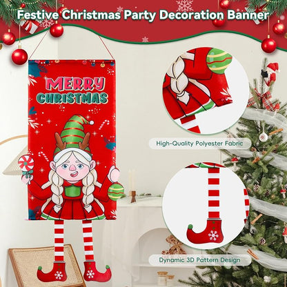 Elf Girl Christmas Banner - Merry Xmas Hanging Flag for Door Decor, Weatherproof Polyester