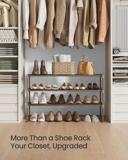 SONGMICS 3-Tier Shoe Rack - Stackable Metal Organizer for 16-20 Pairs | Walnut Brown, 11.8 x 36.2 x 21.7 Inches