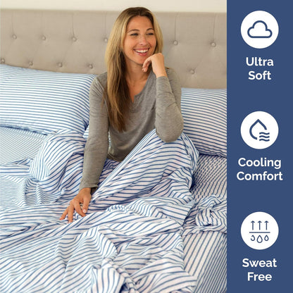 Skiennix Twin Size Sheet Set - Comfy Cooling Bed Sheets with Deep Pockets - Luxury Blue Stripes
