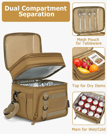 RalChyez Tactical Lunch Box for Men, Large Insulated Lunch Bag Expandable Double Deck Cooler Leakproof Waterproof Lunch Pail for Adult Women Work Office Shifts Picnic Travel Khaki