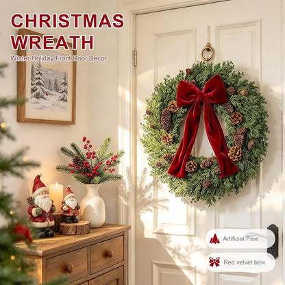 Christmas Wreath 24 Inch Front Door Artificial Pine Needle with Red Bow Pinecones