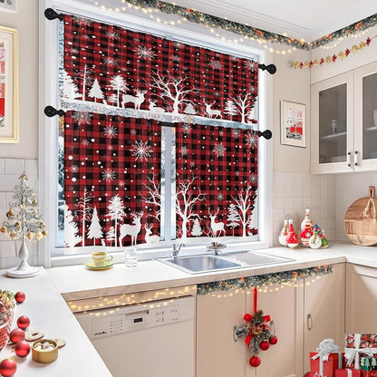 Christmas Kitchen Curtains Tier Set - Red Plaid, 3 Pieces (Valance + 2 Panels) - Variation: Christmas Red Plaid
