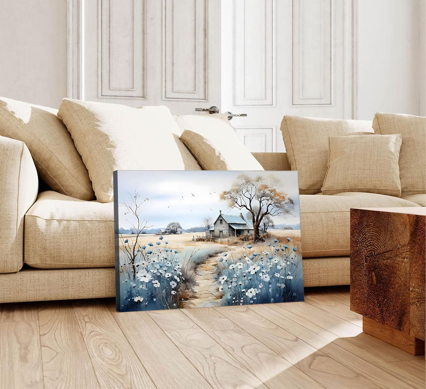 Rustic Farmhouse Canvas Wall Art - Beautiful Wildflower Barn Painting | Nature Scenery Poster 16x24in