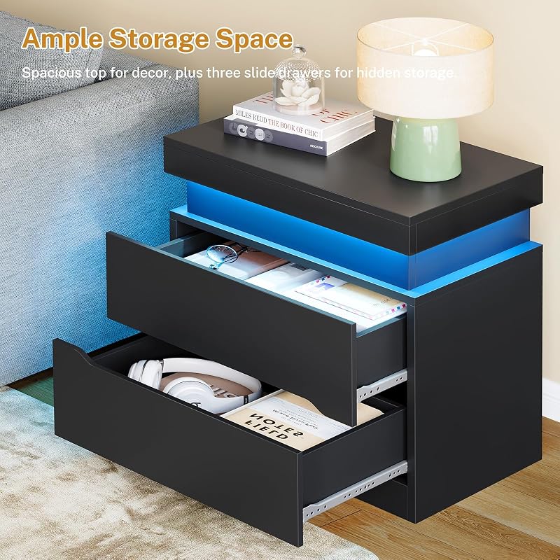 Nightstand Set of 2 with 2 Drawers and App-Controlled RGB LED Light – Black