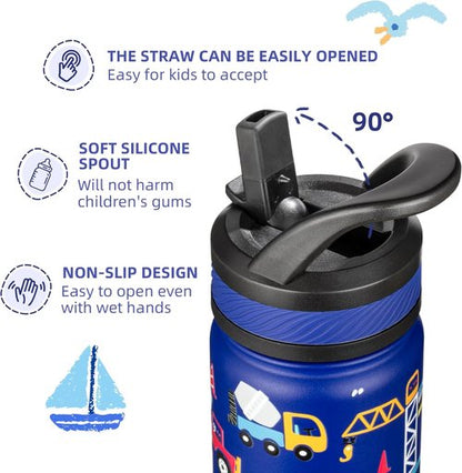 Fanhaw Insulated Kids Water Bottle - 14 Oz Stainless Steel, Leakproof & BPA-Free, Blue Construction Design