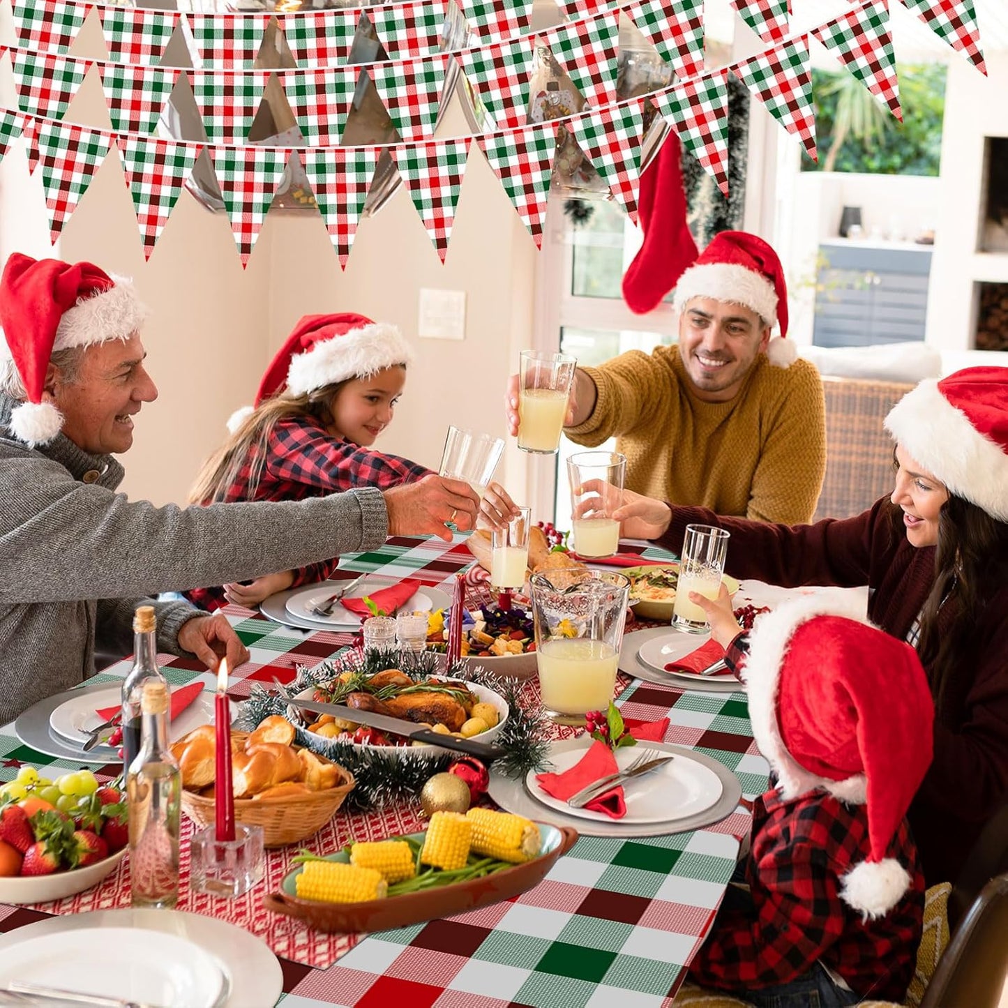 Skiennix 54" x 108" Plastic Tablecloth - Red Green White Plaid Design for Parties & Holidays