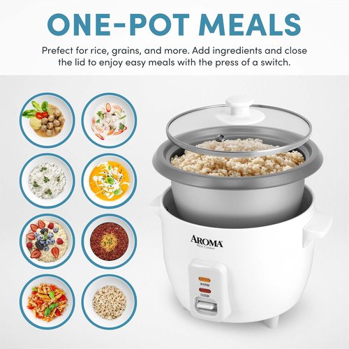 AROMA® Rice Cooker - 3-Cup Uncooked / 6-Cup Cooked Capacity | Auto Keep Warm, White, ARC-363NG