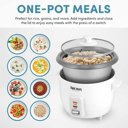 AROMA® Rice Cooker - 3-Cup Uncooked / 6-Cup Cooked Capacity | Auto Keep Warm, White, ARC-363NG