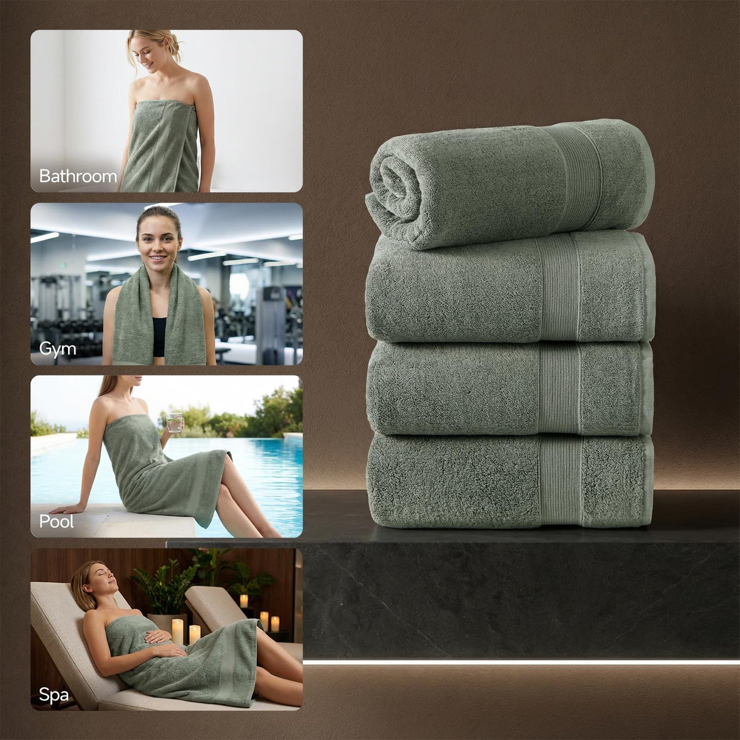 REDKISS 4 Pack Gray Cotton Cotton Bath Towels - Extra Large, Super Absorbent, Quick Dry Towels Set for Bathroom, Spa, Gym, and Travel - Luxury, Plush, 27x55 inch