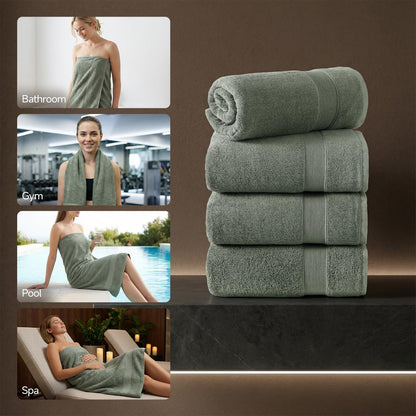 REDKISS 4 Pack Gray Cotton Cotton Bath Towels - Extra Large, Super Absorbent, Quick Dry Towels Set for Bathroom, Spa, Gym, and Travel - Luxury, Plush, 27x55 inch