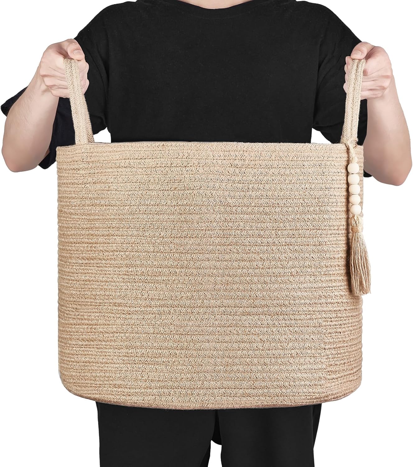 Mkono Woven Storage Basket - Decorative Natural Rope Organizer Bin with Wooden Bead Accents | 16" W × 13.8" L