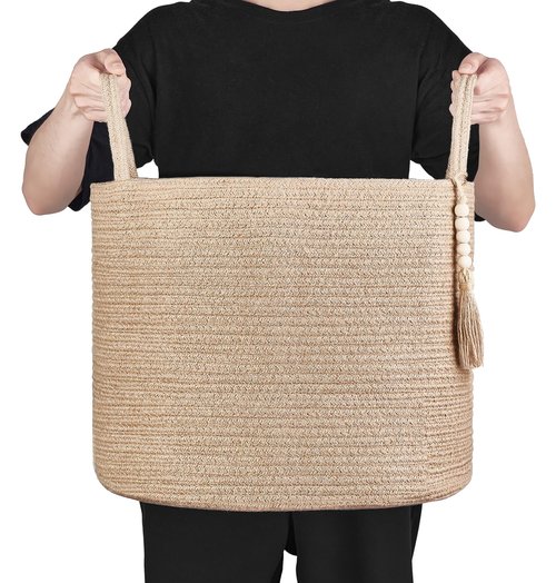 Mkono Woven Storage Basket Decorative Natural Rope Basket Wooden Bead Decoration for Blankets,Toys,Clothes,Shoes,Plant Organizer Bin with Handles Living Room Home Decor, Jute, 16" W × 13.8"L