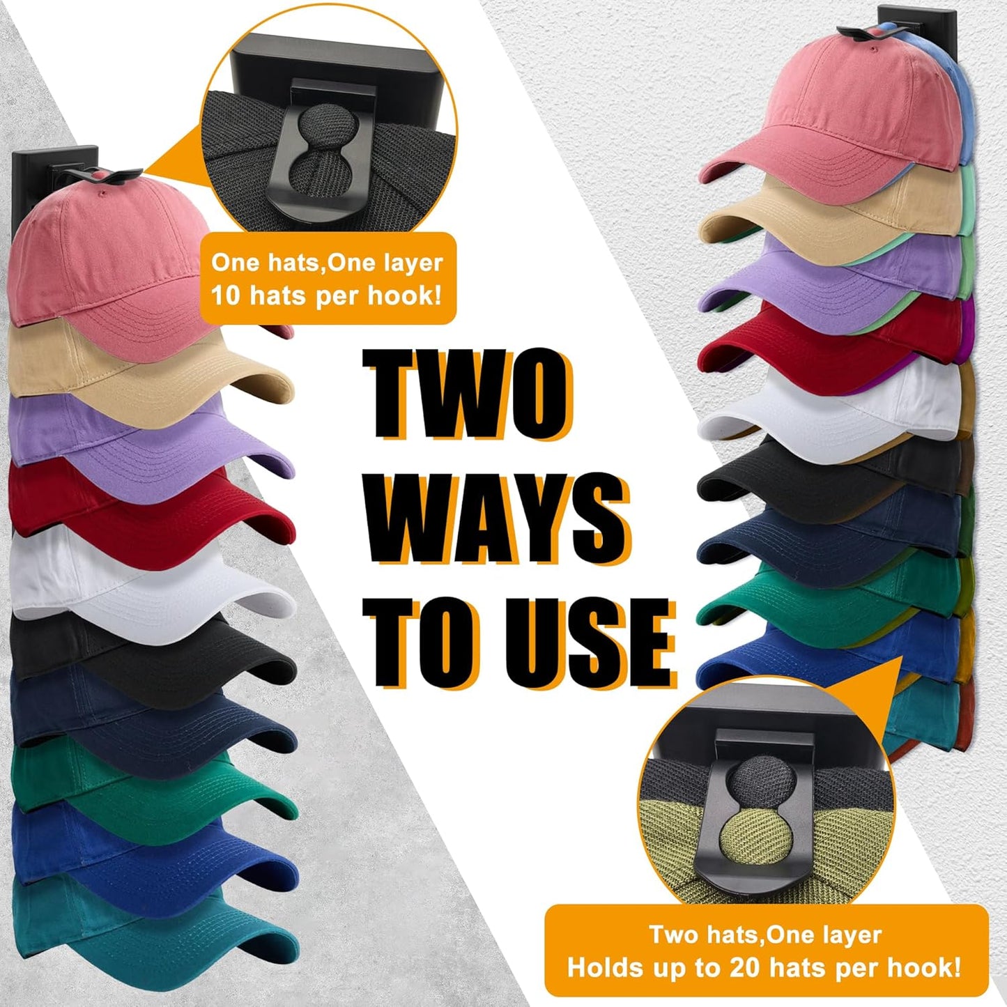 Skiennix Hat Rack | Organizer for Up to 20 Baseball Caps | Wall-Mounted, Black, 1 Pack