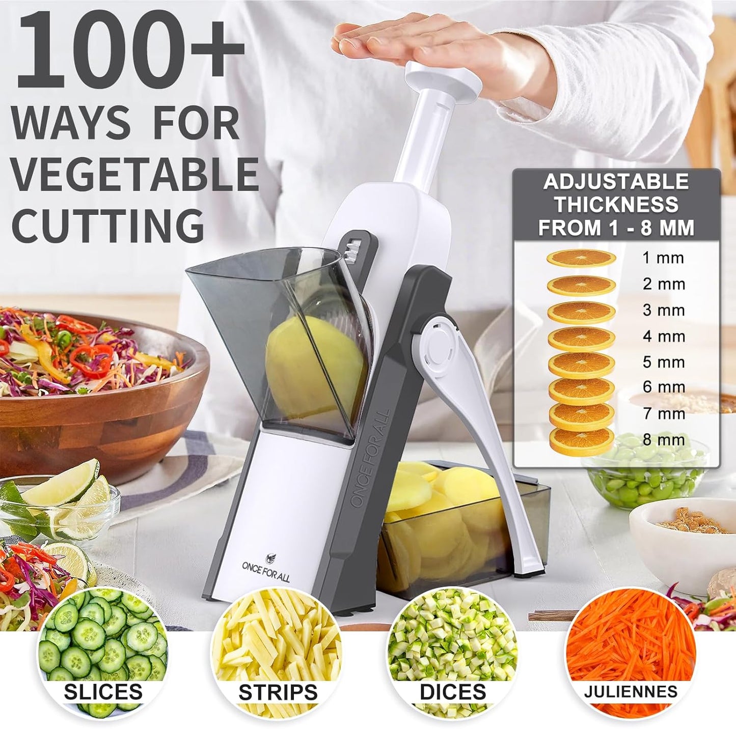 ONCE FOR ALL Mandoline Slicer - 5-in-1 Vegetable Chopper with Adjustable Thickness (Gray)