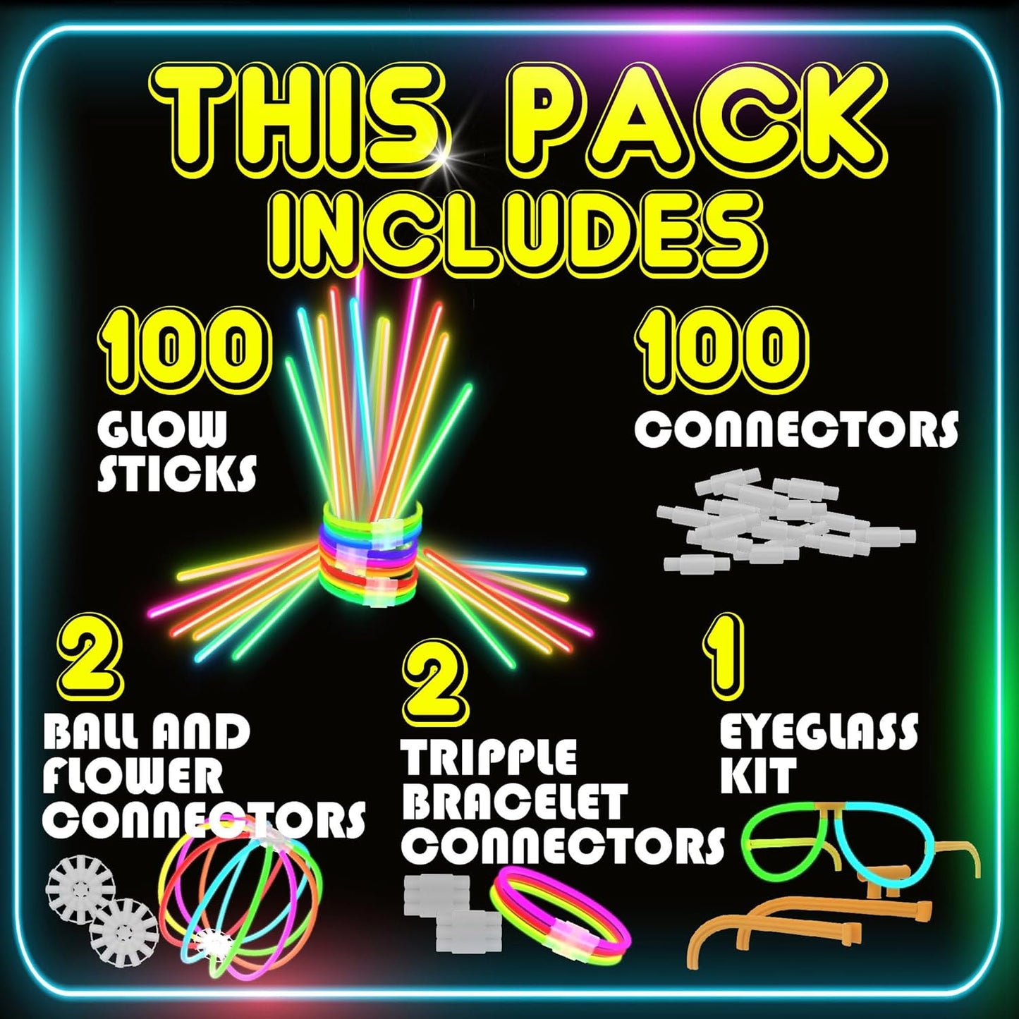 PartySticks Ultra Bright Glow Sticks - Glow in The Dark Party Supplies with Glasses, Bracelets & Connectors | Perfect for Halloween & 4th of July