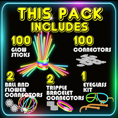 PartySticks Ultra Bright Glow Sticks - Glow in The Dark Party Supplies with Glasses, Bracelets & Connectors | Perfect for Halloween & 4th of July
