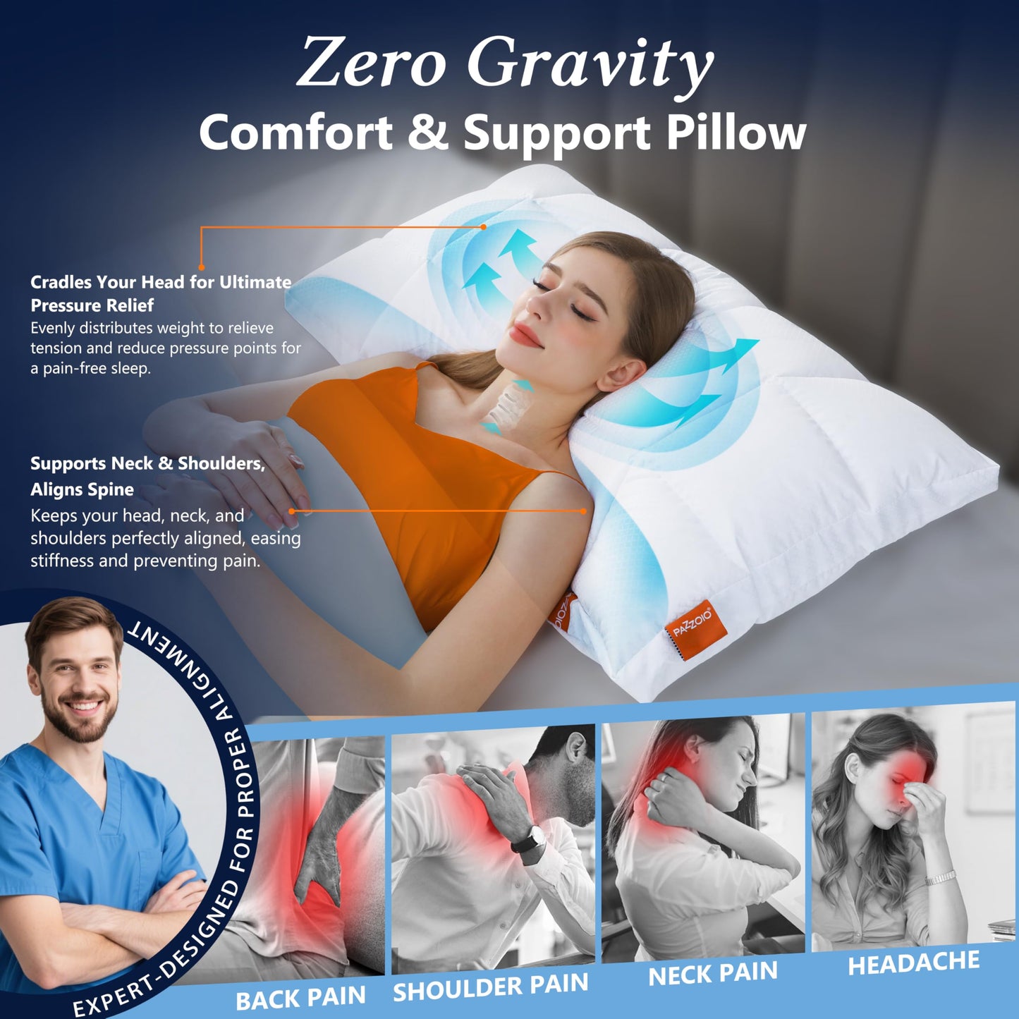 PAZZOIO Cooling Adjustable Pillow for Side Sleepers, Luxury Standard Size Bed Pillow with Best Customizable Height, Hotel Collection Soft Firm Support for Back, Stomach or Side Sleepers-Home Gifts