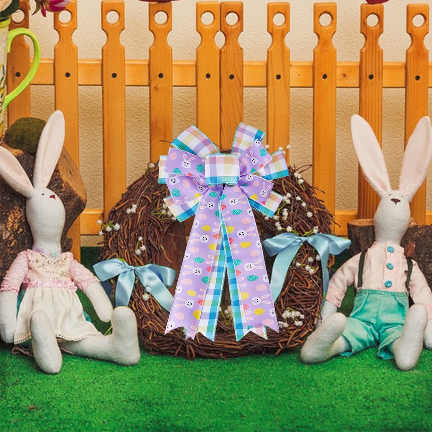 SIMISI Ribbon Easter Wreath Bow - Large Burlap Wired Bow with Bunny Eggs | 11x17.7 Inch Door Ornament