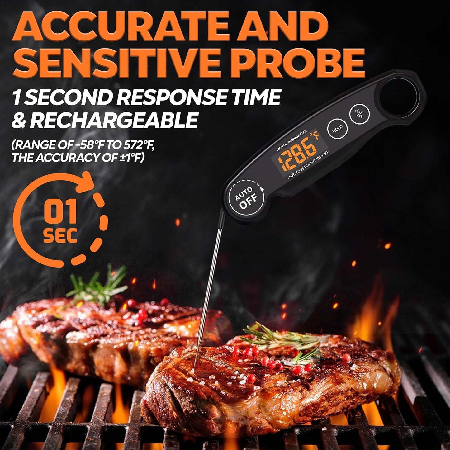 Skiennix Instant Read Food Thermometer - Rechargeable Digital Meat Thermometer for Cooking & BBQ | Waterproof