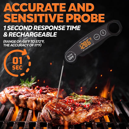 Skiennix Instant Read Food Thermometer - Rechargeable Digital Meat Thermometer for Cooking & BBQ | Waterproof