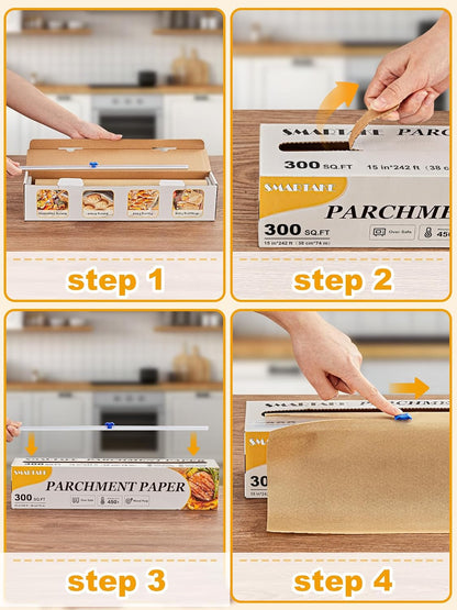 SMARTAKE Parchment Paper Roll - Non-Stick Baking Sheets with Slide Cutter | 15" x 242 ft, Heavy Duty Unbleached