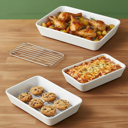 ONEMORE Baking Dishes Set - Large 9x13 Rectangular Ceramic Casserole Dishes with Roasting Racks | 3QT, 2.1QT, 1.3QT