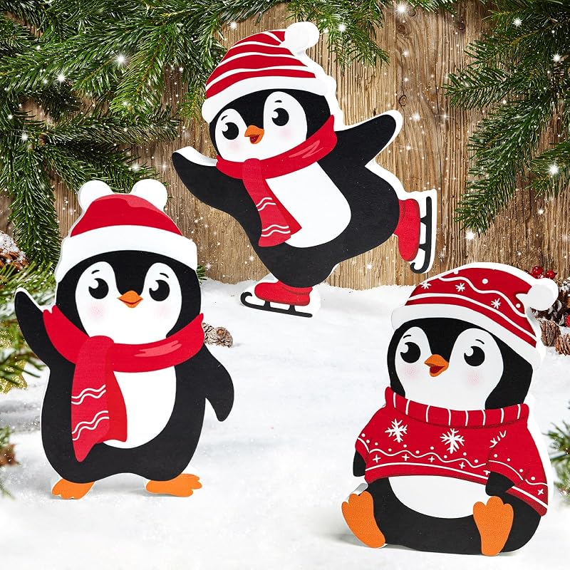 Red Penguin Christmas Decorations Set of 3 — Wooden Tiered Tray Blocks for Desk, Shelf, Home or Office