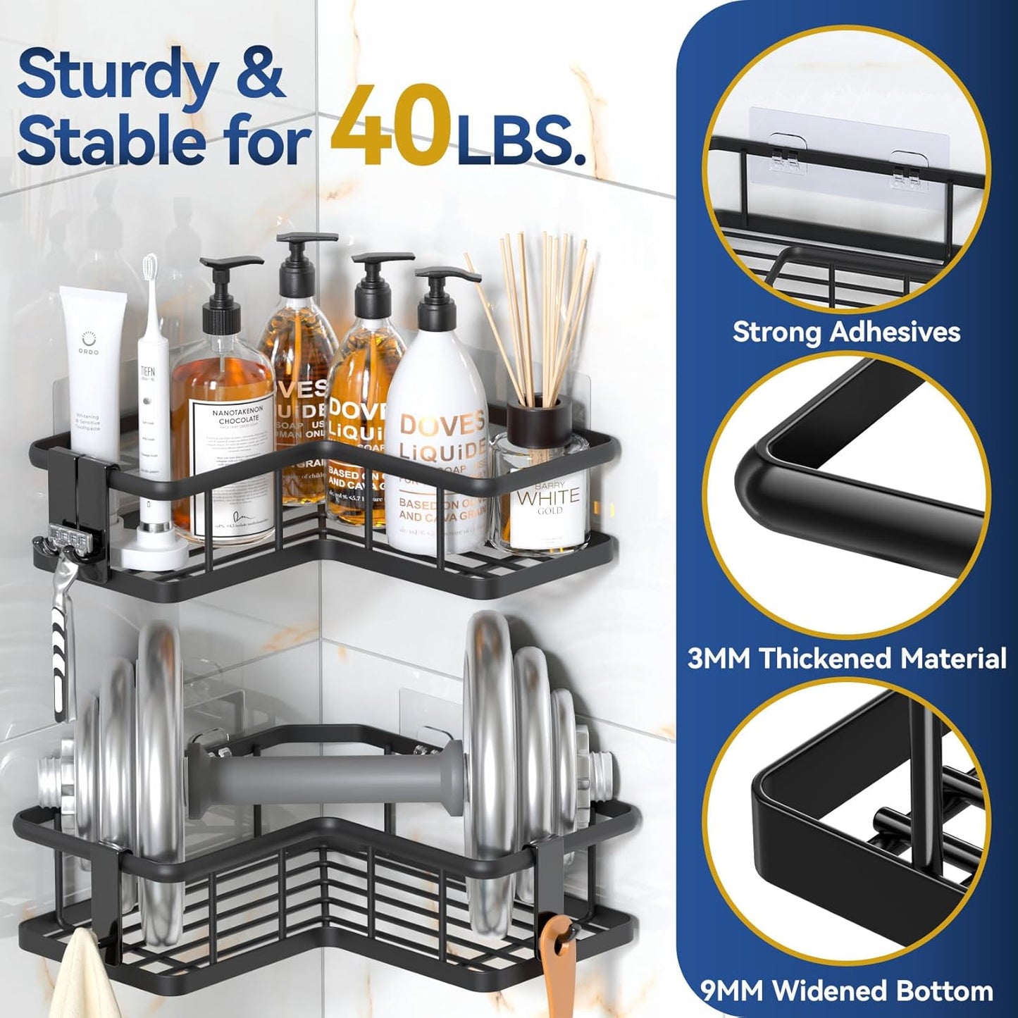 YASONIC Corner Shower Caddy - 5-Pack Rustproof Stainless Steel Organizer with Soap Holder | No-Drill, Black