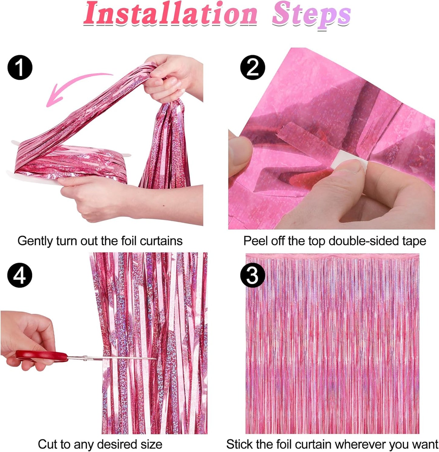 Skiennix Pink Backdrop - 12 Pack Metallic Glitter Tinsel Fringe Curtains | 3.28 FT x 7.05 FT Party Decor