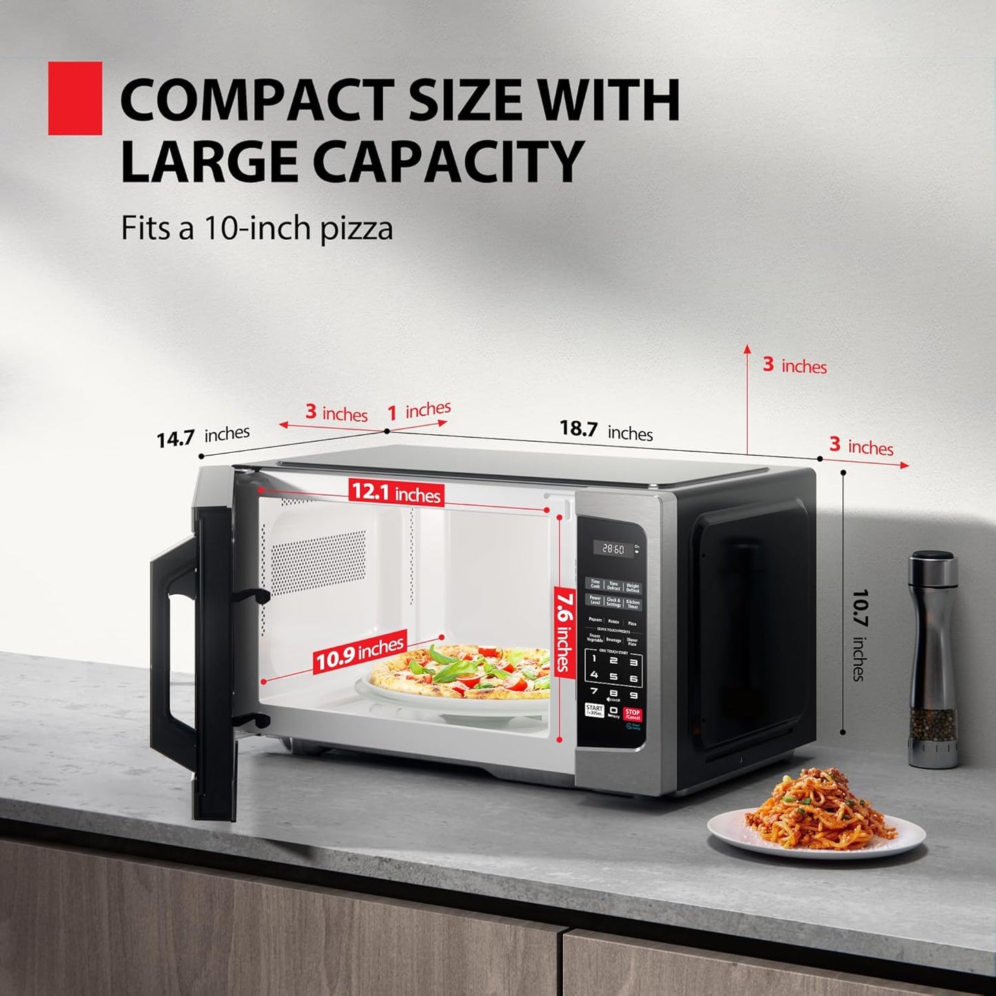 TOSHIBA Small Microwave Oven - 0.9 Cu Ft, 900W, Stainless Steel | 6 Auto Menus & Mute Function